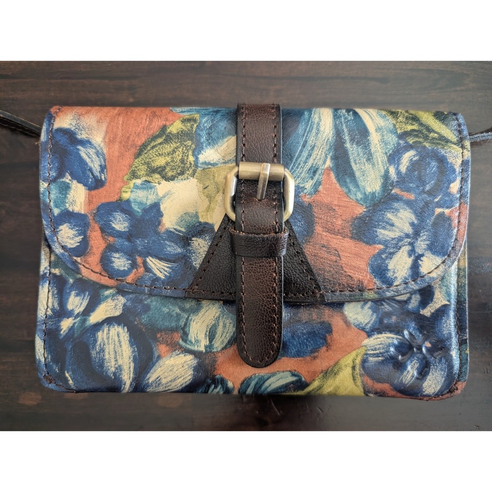 Patricia Nash Blue Floral Leather Crossbody Bag Buckle Flap Organizer